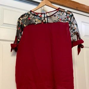 Shein Burgundy & Sheer Black Floral Embroidered Tie Sleeve Top Size 2XL